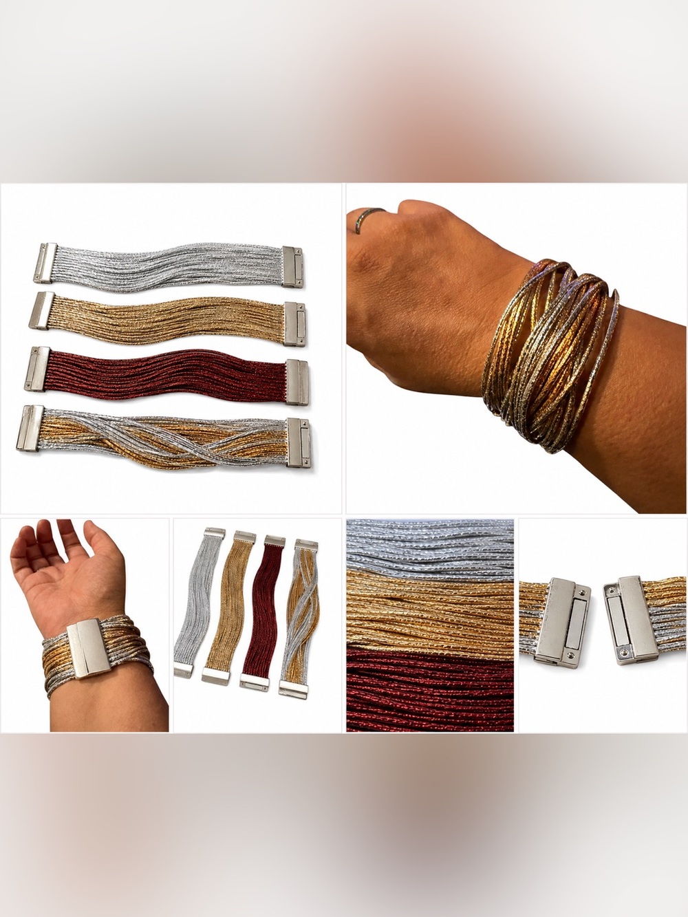 4pc Metallic Multi Strand Magnetic Bracelets Silver Gold Red Mixed Stack